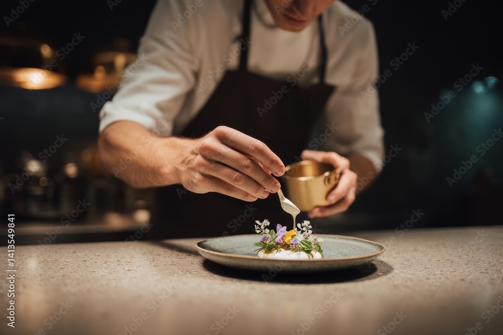 Elegant Presentation of Gourmet Dish by Chef in Upscale Restaurant Environment
