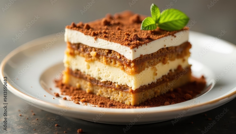 Individual portion of tiramisu; rich, creamy texture, visible coffee soaked layers , cocoa, white background Individual portion of tiramisu; rich, creamy texture, visible coffee soaked layers , cocoa, white background