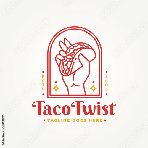minimalist hand holding a taco line art emblem icon logo vector illustration design. simple modern mexican fast food restaurant badge logo concept
