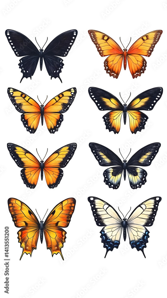 Fototapeta premium Collection Of Colorful Butterflies On Transparent Background Illustration