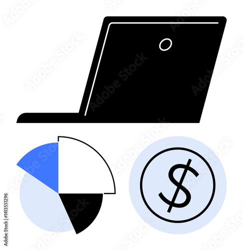 Laptop silhouette, segmented pie chart, and dollar sign in simple style. Ideal for finance, business growth, budgeting, investments, accounting data analysis market trends. Flat simple metaphor