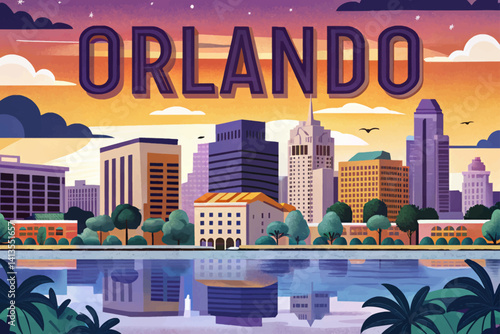 Vector Illustration sunset of Orlando Florida's Orlando, cartoon design Flat style 