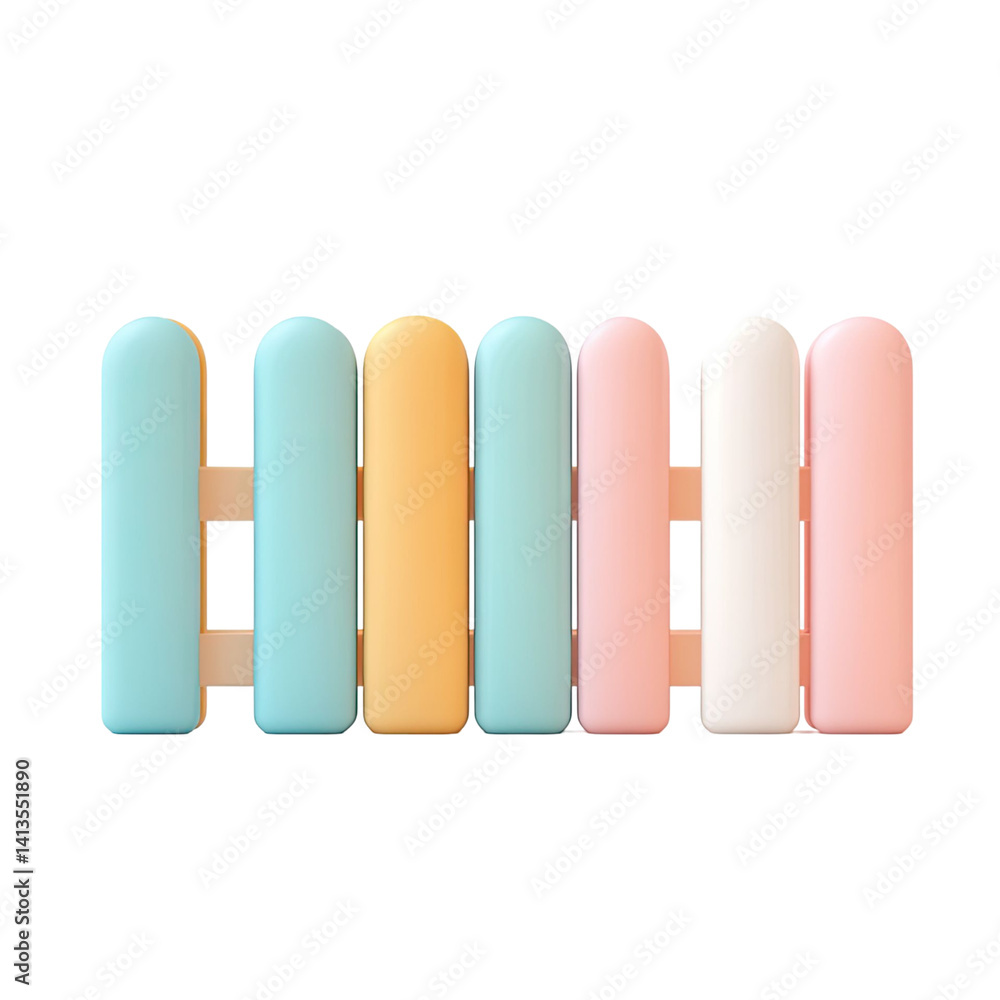 Fototapeta premium Colorful cartoon fence with pastel colors arranged on a transparent background isolated design element.