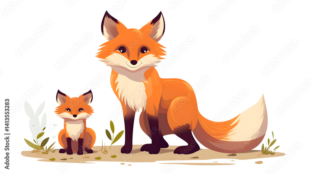 Fototapeta premium Professional image of a fox with cub or pup isolated on white background