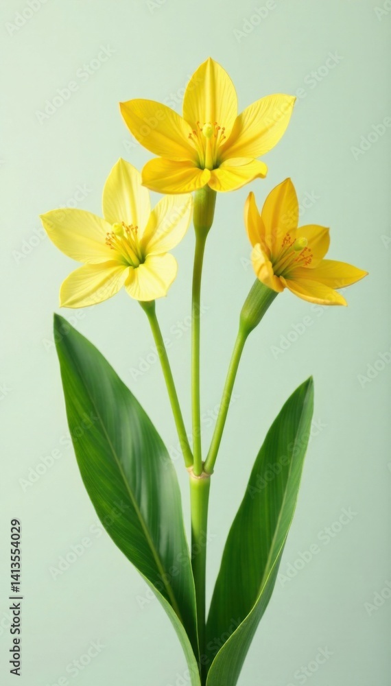 Low-growing, feathery flowers on tall stem with green leaves and yellow petals, wildflower, bloom, nature Low-growing, feathery flowers on tall stem with green leaves and yellow petals, wildflower, bloom, nature