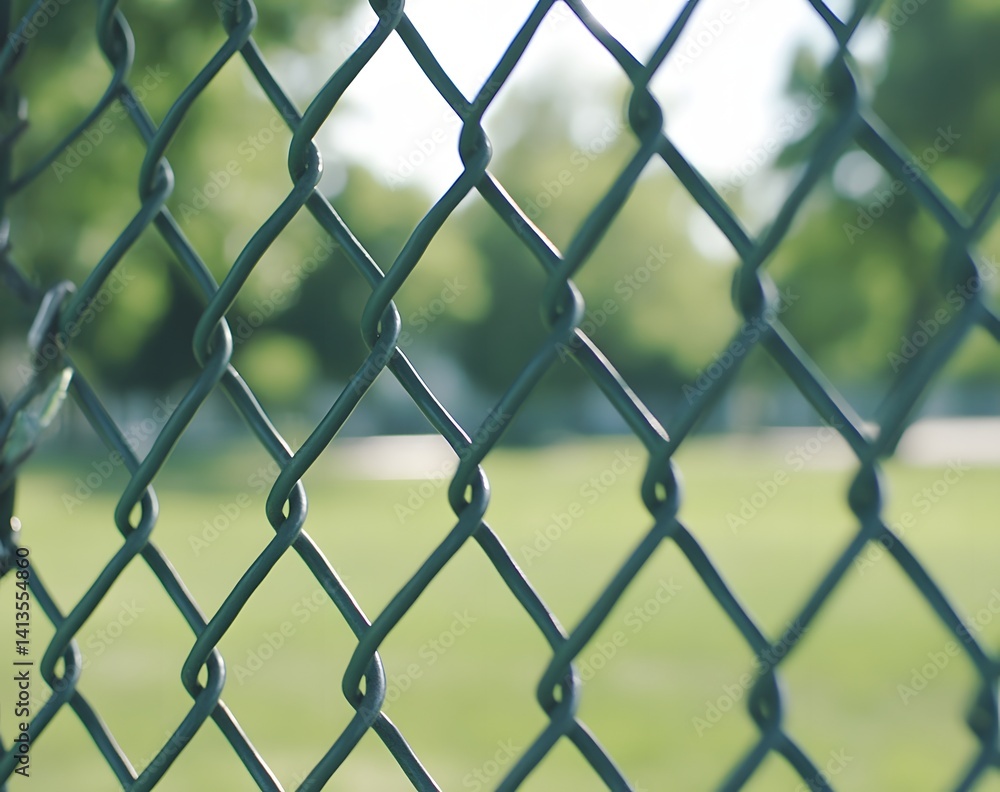 Close-up view of chain-link fence overlooking a grassy area. Close-up view of chain-link fence overlooking a grassy area.