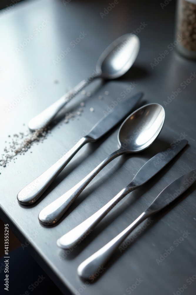 Metallic silverware arranged on a polished aluminum table, polished, silverware Metallic silverware arranged on a polished aluminum table, polished, silverware
