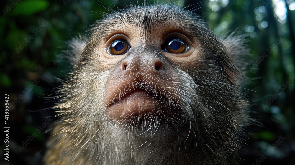 Curious Monkey Closeup Expressive Eyes, Fine Facial Fur and Whiskers, Jungle Wildlife Portrait, Primate Emotion and Alert Gaze, Rainforest Exploration Scene