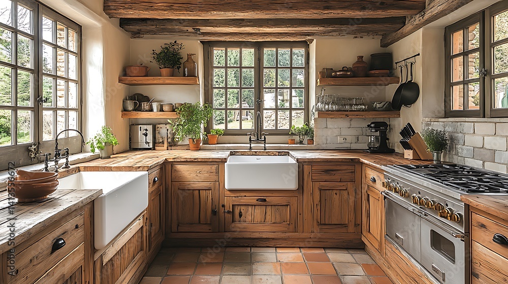 Fototapeta premium Rustic Kitchen Interior Photo Featuring Wooden Cabinets And Farmhouse Sink Design