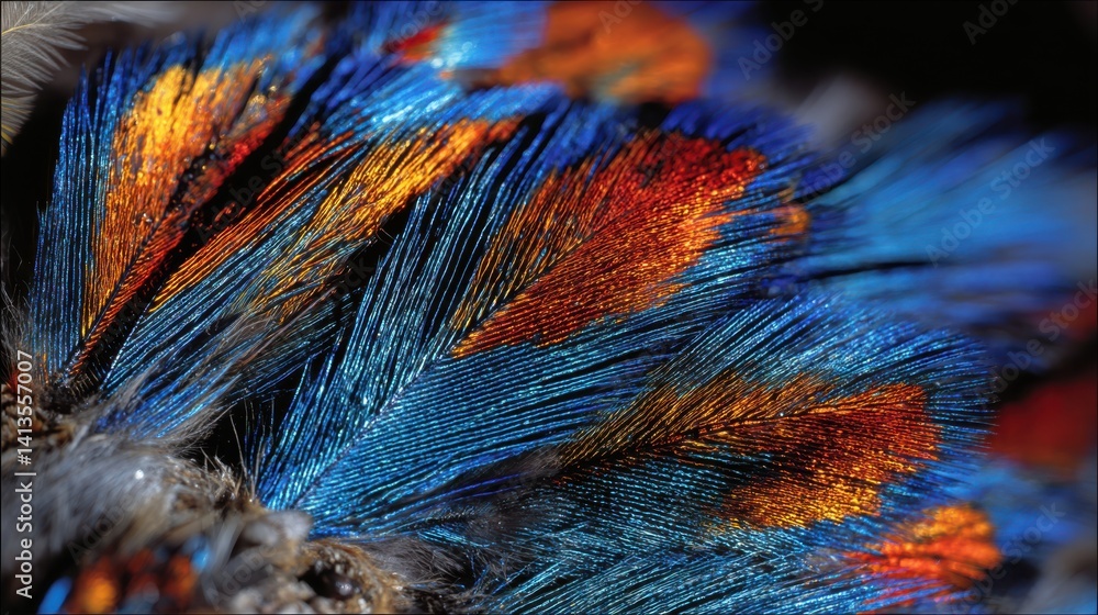 Parrot Feather Closeup Vibrant Texture, Colorful Plumage in Green Yellow Red, Macro View of Tropical Bird, Fine Detail and Structure, Nature’s Pattern and Jungle Beauty