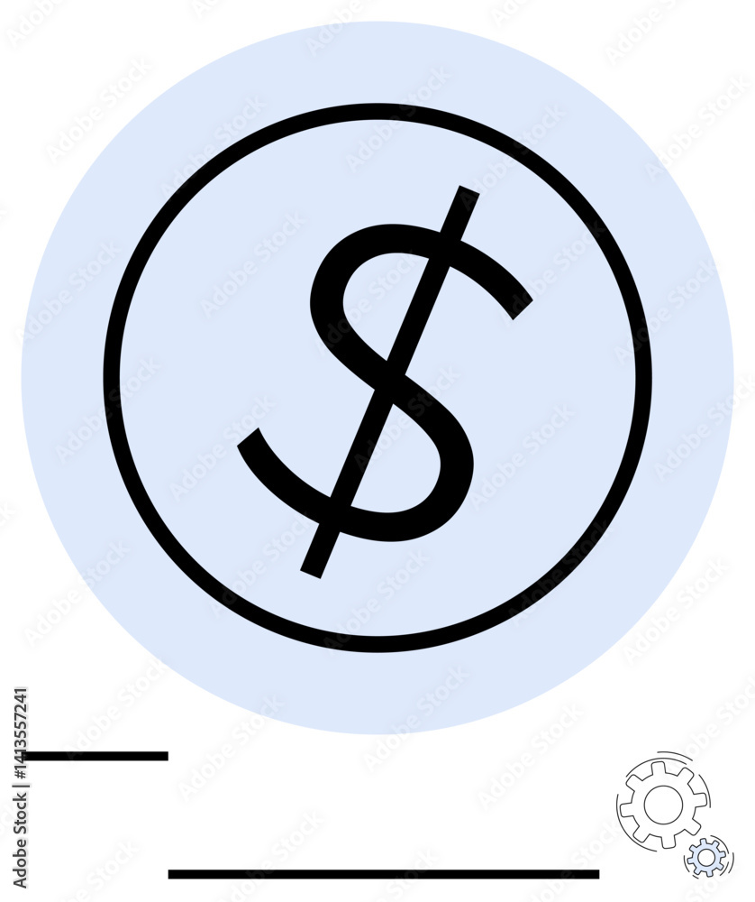 Dollar sign encased in a circle with gears and lines symbolizing currency, finance, and mechanisms. Ideal for money, market, trade, business, industry, technology and minimalistic flat simple Dollar sign encased in a circle with gears and lines symbolizing currency, finance, and mechanisms. Ideal for money, market, trade, business, industry, technology and minimalistic flat simple