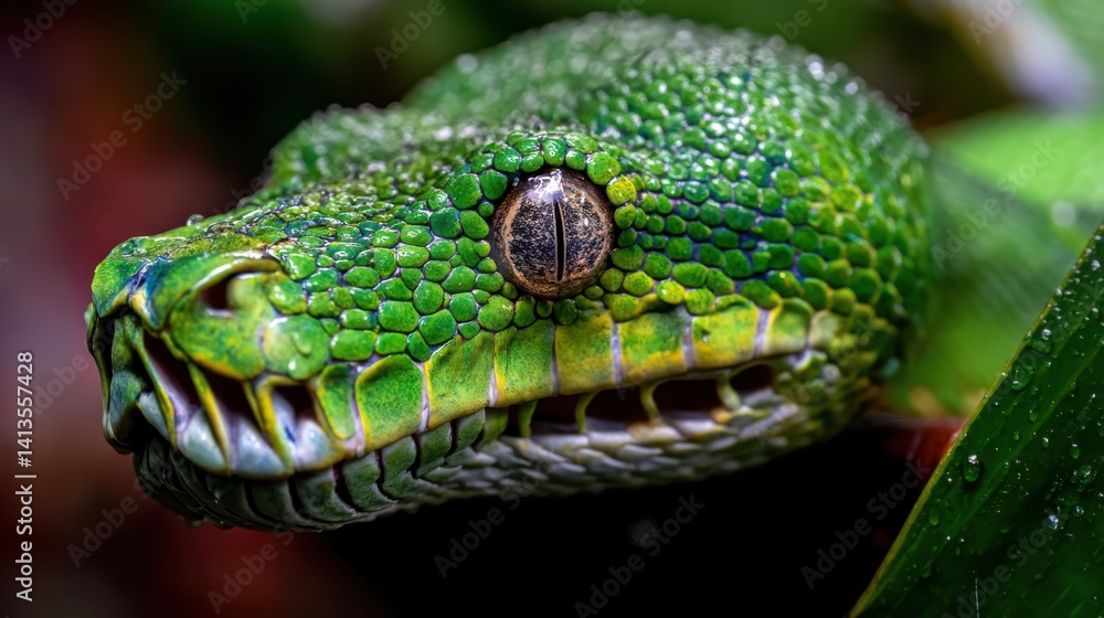 Emerald Tree Boa Closeup Reptile Eye, Vibrant Green Scales and Fangs, Amazon Rainforest Predator Portrait, Detailed Texture of Snake Skin, Jungle Camouflage Hunter