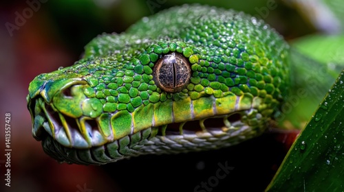Emerald Tree Boa Closeup Reptile Eye, Vibrant Green Scales and Fangs, Amazon Rainforest Predator Portrait, Detailed Texture of Snake Skin, Jungle Camouflage Hunter