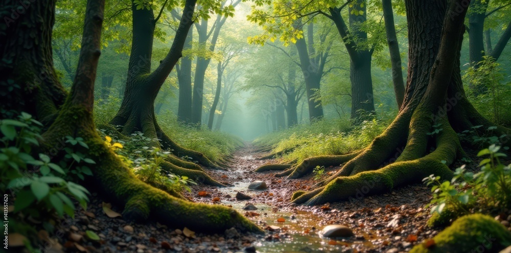 Naklejka premium Muddy forest landscape with gnarled tree trunks and overgrown vegetation, foliage, earthy