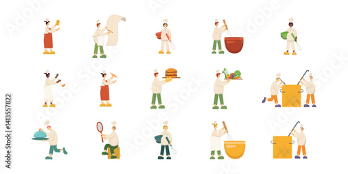 Professional cook, chef at work, cooking food, preparing dishes in restaurant kitchen, preparation. Vector illustration isolated on white background for menu, catering service business, recipe book
