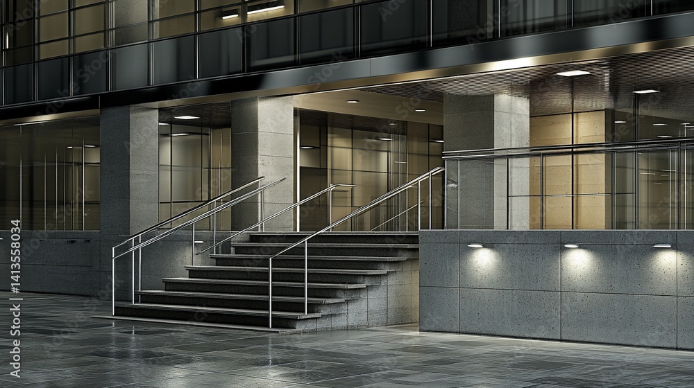 Fototapeta premium Modern building exterior at night, concrete steps leading to entrance
