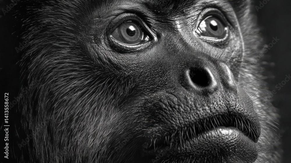 Howler Monkey Closeup Intense Eyes, Expressive Primate Portrait in Black and White, Jungle Mammal Macro Texture, Emotional Wildlife Detail, Deep Forest Atmosphere