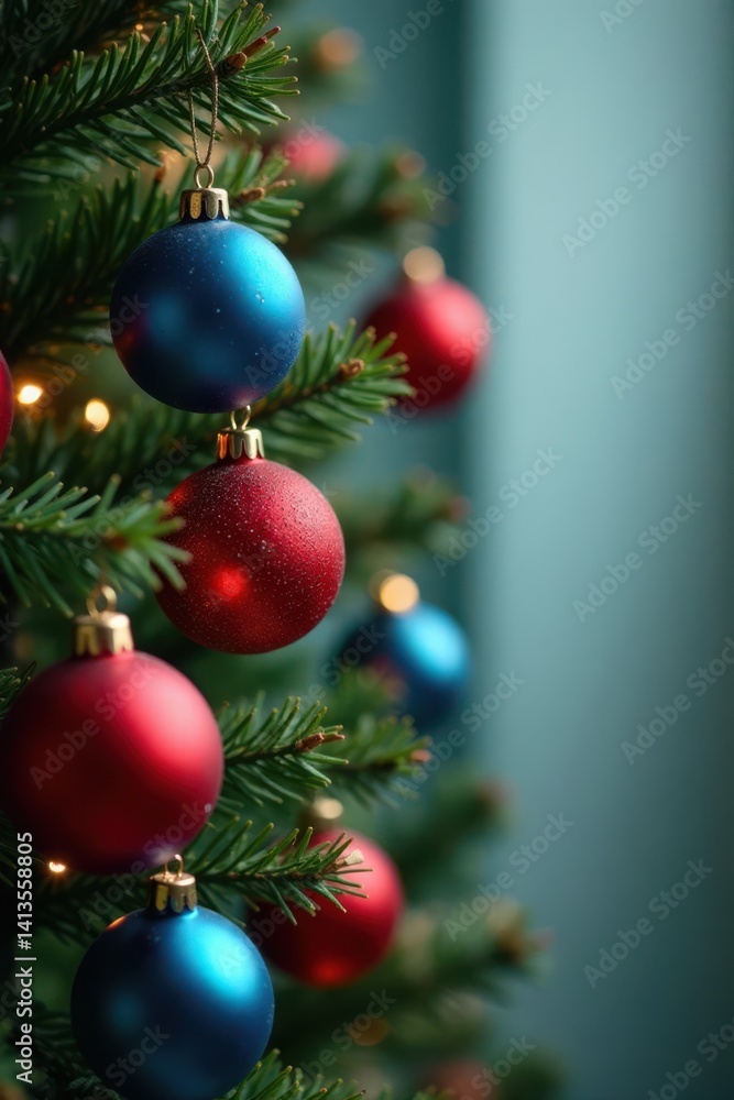 Red and blue ornaments hanging on a wooden Christmas tree, blue, holiday Red and blue ornaments hanging on a wooden Christmas tree, blue, holiday