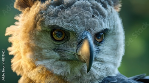 Wildlife Majesty Harpy Eagle Closeup, Intense Gaze of Raptor, Feather Detail and Sharp Beak, Portrait in Jungle Light, Nature Conservation Symbol