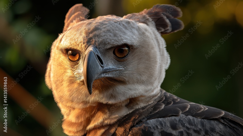 Wildlife Majesty Harpy Eagle Closeup, Intense Gaze of Raptor, Feather Detail and Sharp Beak, Portrait in Jungle Light, Nature Conservation Symbol