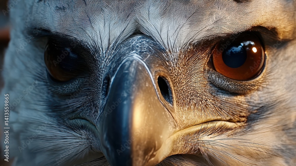 Wildlife Majesty Harpy Eagle Closeup, Intense Gaze of Raptor, Feather Detail and Sharp Beak, Portrait in Jungle Light, Nature Conservation Symbol