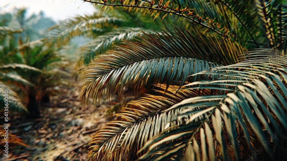Tropical Palm Leaves Closeup Texture, Exotic Rainforest Vegetation Pattern, Sunlight Through Fronds, Natural Jungle Environment, Warm Earthy Forest Ground