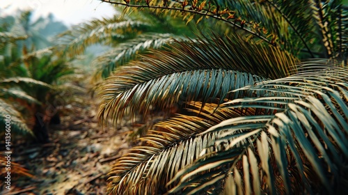 Obraz na płótnie Tropical Palm Leaves Closeup Texture, Exotic Rainforest Vegetation Pattern, Sunlight Through Fronds, Natural Jungle Environment, Warm Earthy Forest Ground w salonie