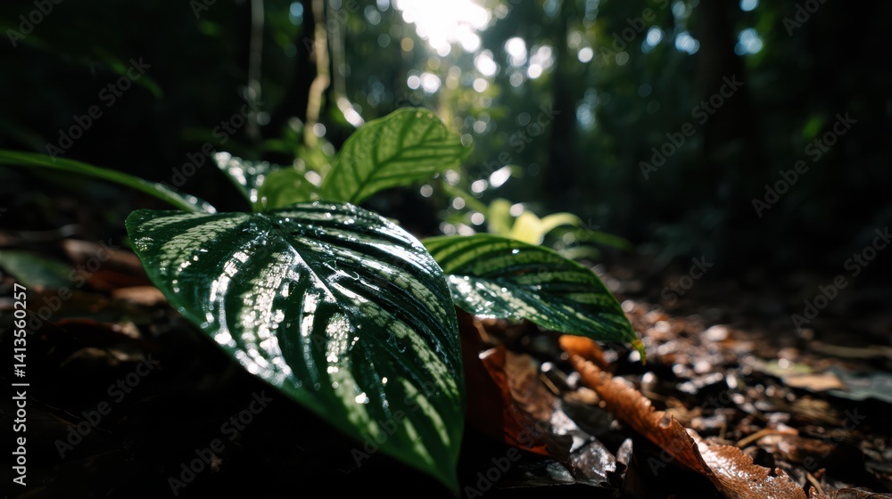 Tropical Palm Leaves Closeup Texture, Exotic Rainforest Vegetation Pattern, Sunlight Through Fronds, Natural Jungle Environment, Warm Earthy Forest Ground