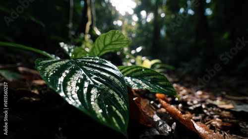 Obraz na płótnie Tropical Palm Leaves Closeup Texture, Exotic Rainforest Vegetation Pattern, Sunlight Through Fronds, Natural Jungle Environment, Warm Earthy Forest Ground w salonie