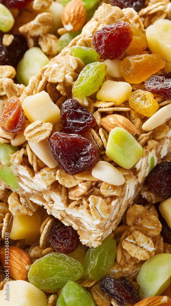 Delicious Granola Bar with Dried Fruits and Nuts Close Up Delicious Granola Bar with Dried Fruits and Nuts Close Up