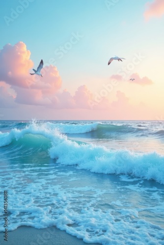 Pastel ocean waves with seagulls flying in the sky, nature, artistic