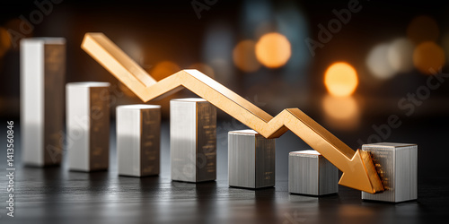 Gold arrow pointing down representing falling stock market values with silver bars