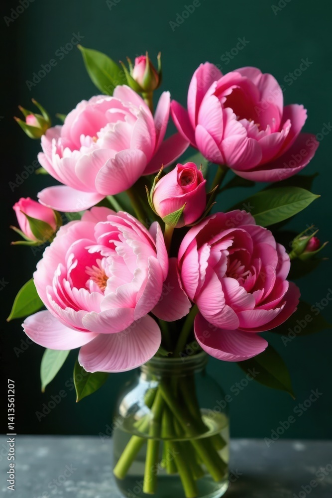 Fototapeta premium Pink peonies and roses in a fresh bouquet with lush greenery, spring flowers, copy space