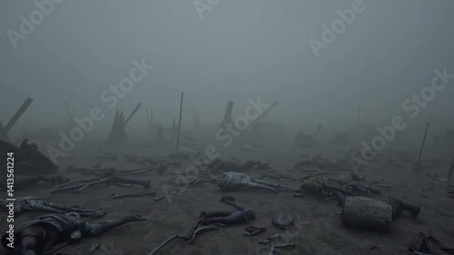 battlefield after the fight, covered in fog and silence