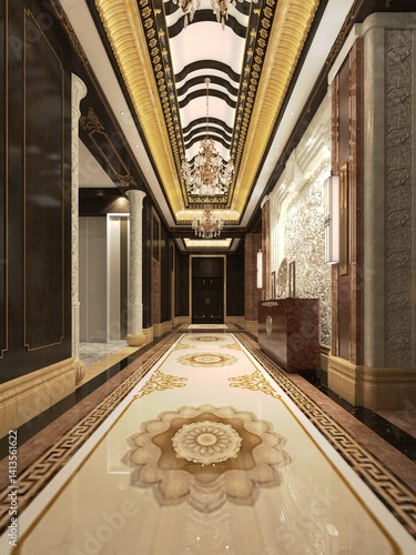elegant hotel corridor, luxury hotel interior 3d render