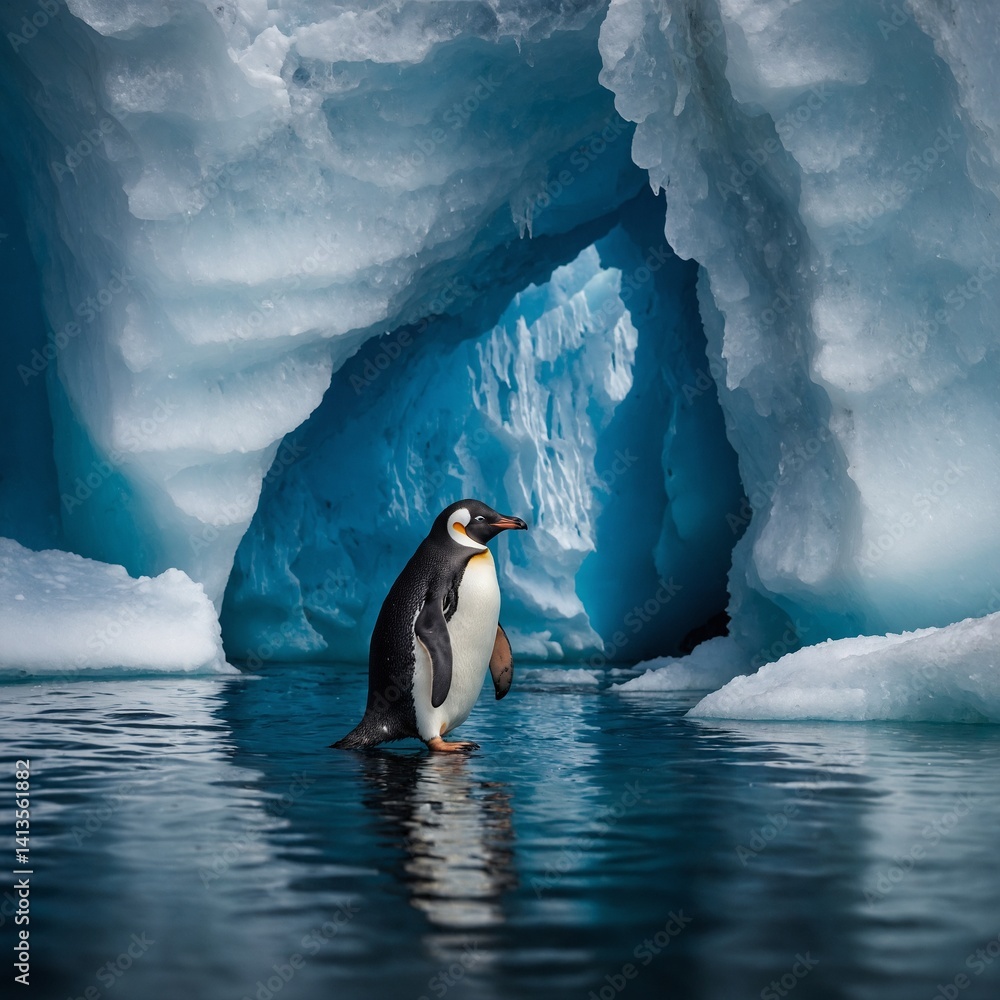 Obraz premium A beautiful penguin explores an enchanted iceberg.
