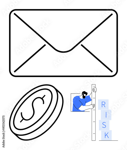 Envelope, dollar coin, and person assessing risk using a ruler and stacked blocks. Ideal for finance, communication, risk management, email marketing, investment strategies, business planning simple