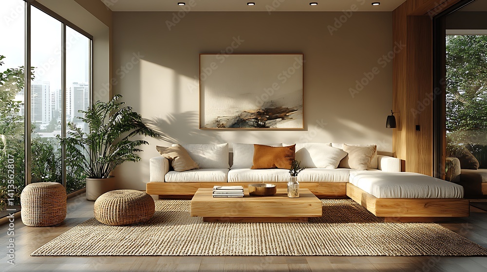 Fototapeta premium Serene Minimalist Living Room Photo With Neutral Palette And Natural Light Design