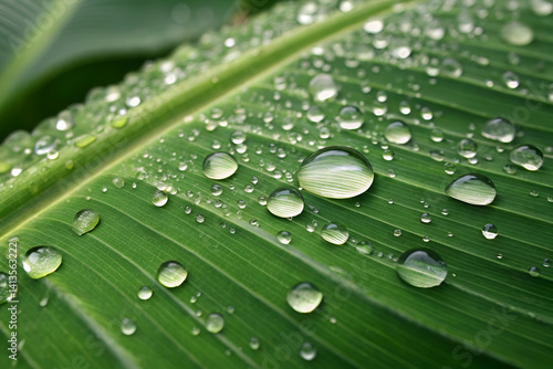 Obraz na płótnie water drops on leaf, water drops on banana leaf w salonie
