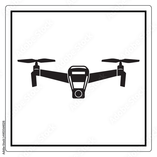 Black silhouette of a drone with four propellers and front view on white background