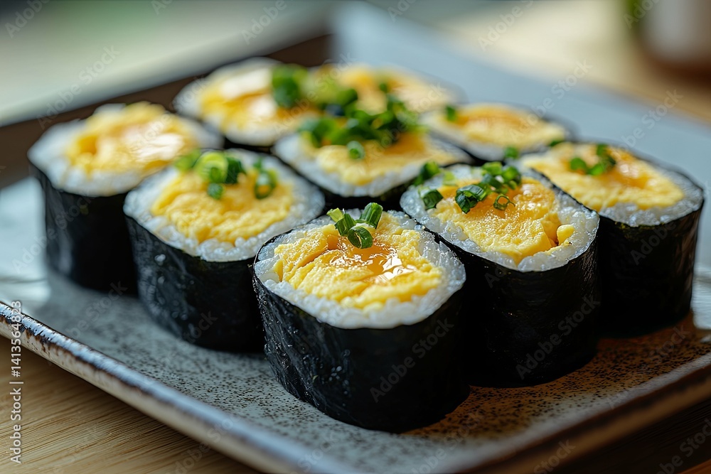 An appetizing plate of sushi rolls with fluffy toppings and fresh herbs An appetizing plate of sushi rolls with fluffy toppings and fresh herbs