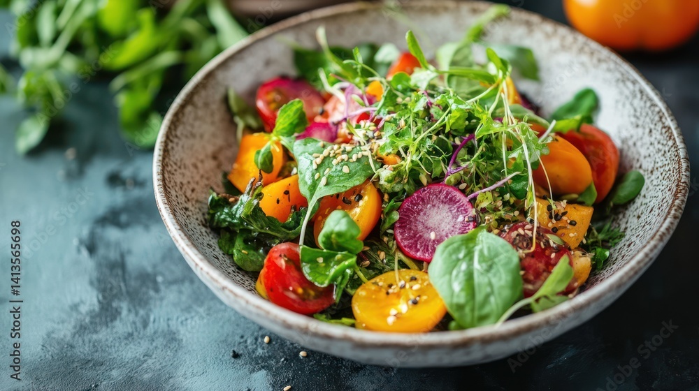 Rustic bowl of colourful heirloom tomato salad with fresh herbs and greens Rustic bowl of colourful heirloom tomato salad with fresh herbs and greens