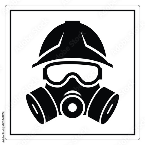 Black and White Icon of Worker Wearing Safety Helmet and Gas Mask for Protection
