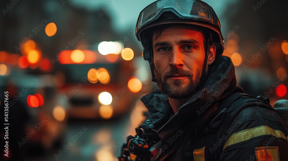 Firefighter in Action A Heroic Portrait with Reflective Gear and Emergency Lights