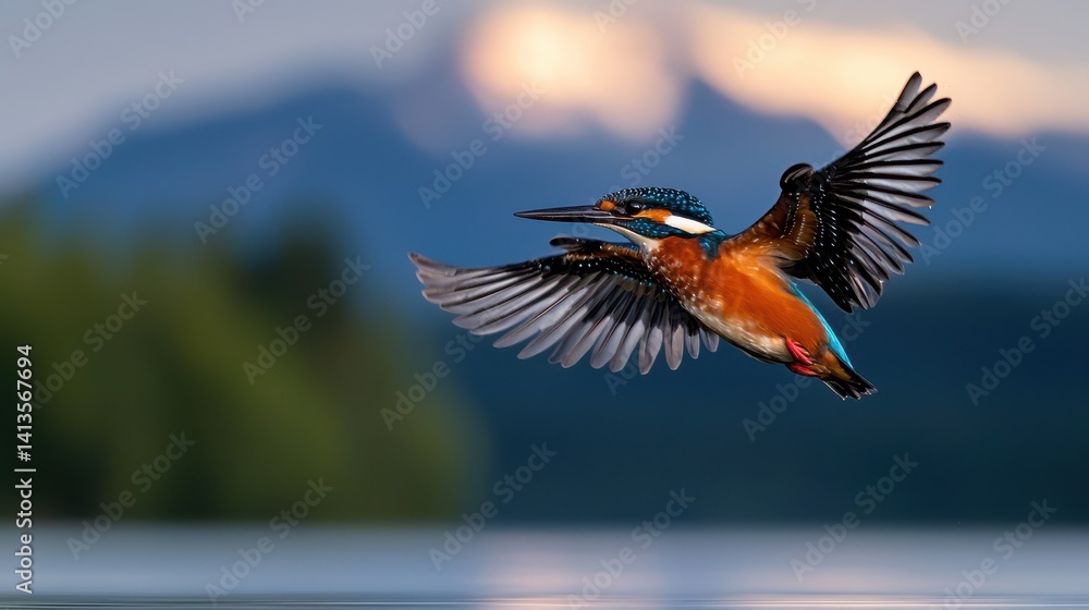 Obraz premium Majestic Bird in Flight Above Tranquil Water Reflecting Blue Sky