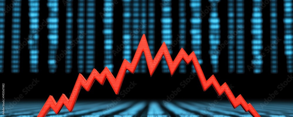 Fototapeta premium Red Downward Trending Arrow on a Blue Data Background Illustrating Market Decline or Economic Recession