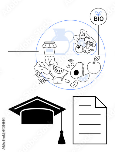 Organic fruits, vegetables, jar, labeled BIO near graduation cap and document. Ideal for sustainability, education, bioengineering, organic farming health certification environmental themes. Flat