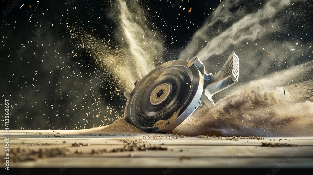 Fototapeta premium Photorealistic image of a angle grinder covered in sawdust