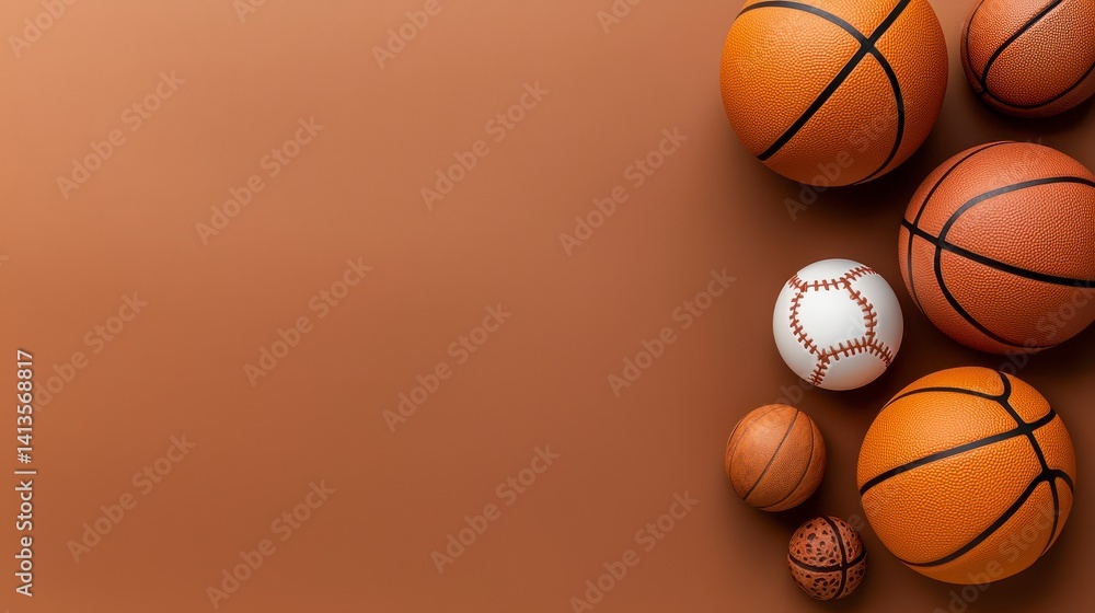 Obraz premium Sports Balls on Brown Background with Copy Space Basketsballs Baseballs Tennisball