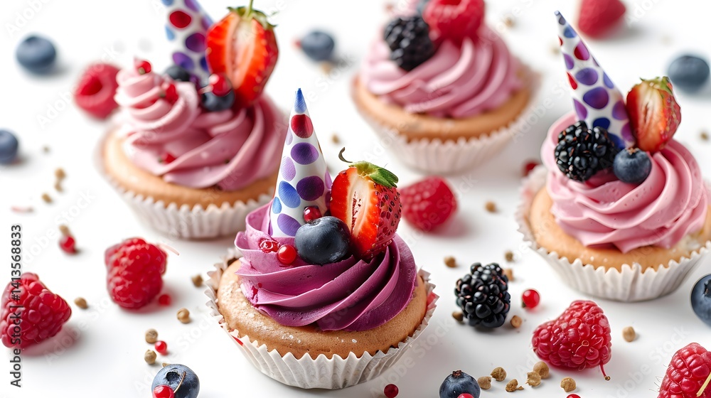 Elegant Display of Sweet Desserts and Fresh Berries with Birthday Hat Elegant Display of Sweet Desserts and Fresh Berries with Birthday Hat